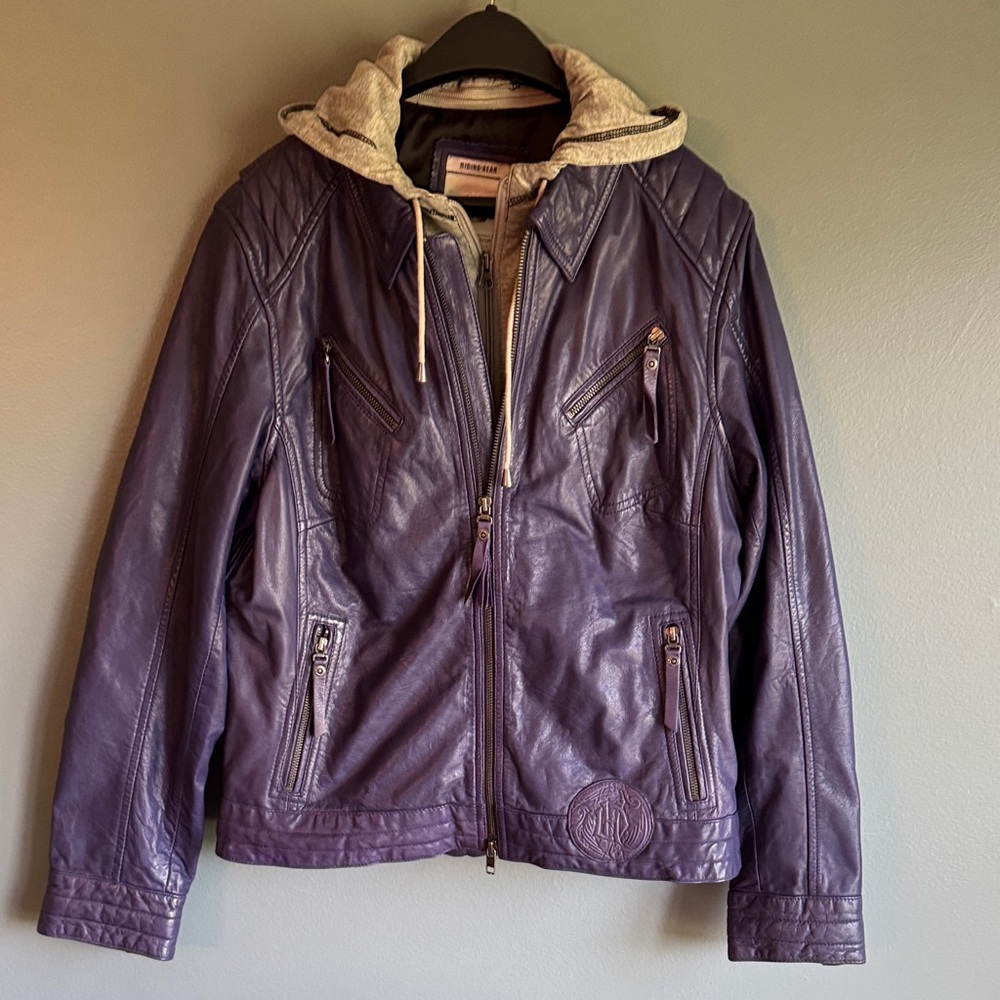 Harley-Davidson purple leather riding jacket with grey hood insert. NWT